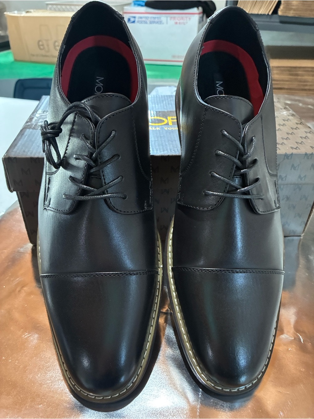 Men's Black Leather Cap-Toe Derby Shoes with Red Insole Accent